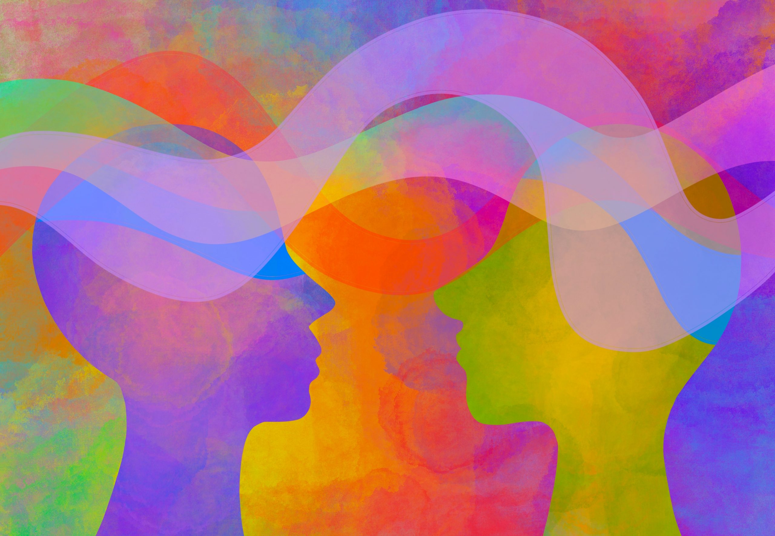 Two abstract silhouettes in vibrant colors, with flowing waves connecting their heads against a colorful background.