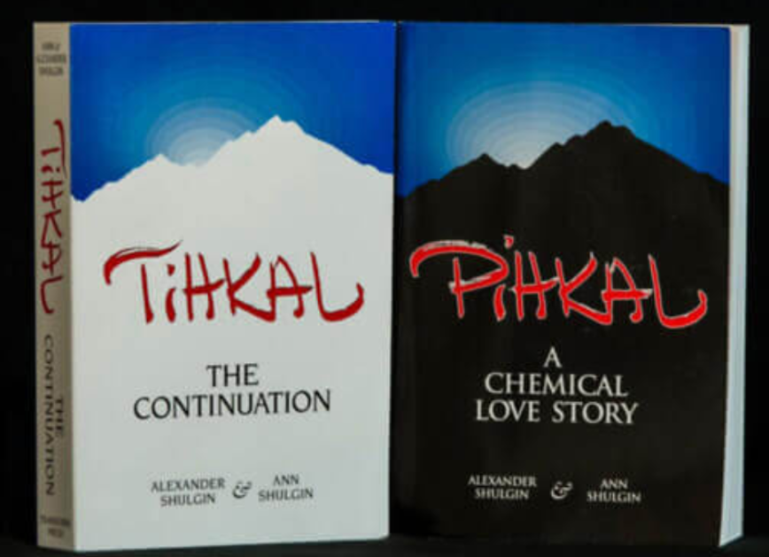 Two books, "Tihkal: The Continuation" and "Pihkal: A Chemical Love Story," featuring mountain silhouettes on their covers.