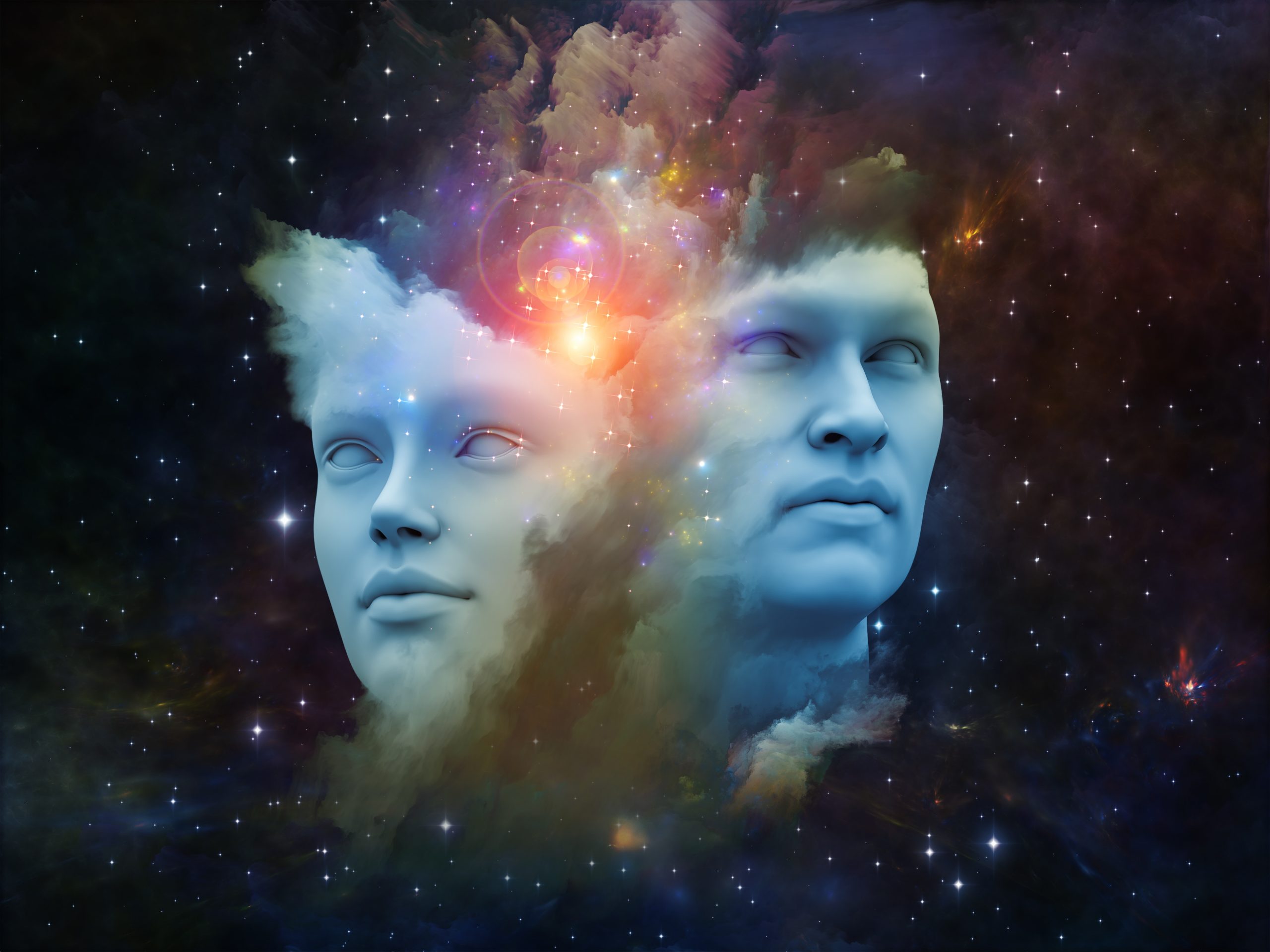 Two ethereal blue faces emerge from colorful cosmic clouds, set against a starry space backdrop.