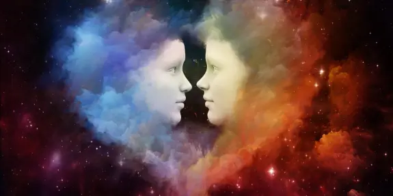Two ethereal faces emerge from colorful cosmic clouds, surrounded by a starry background, symbolizing connection.