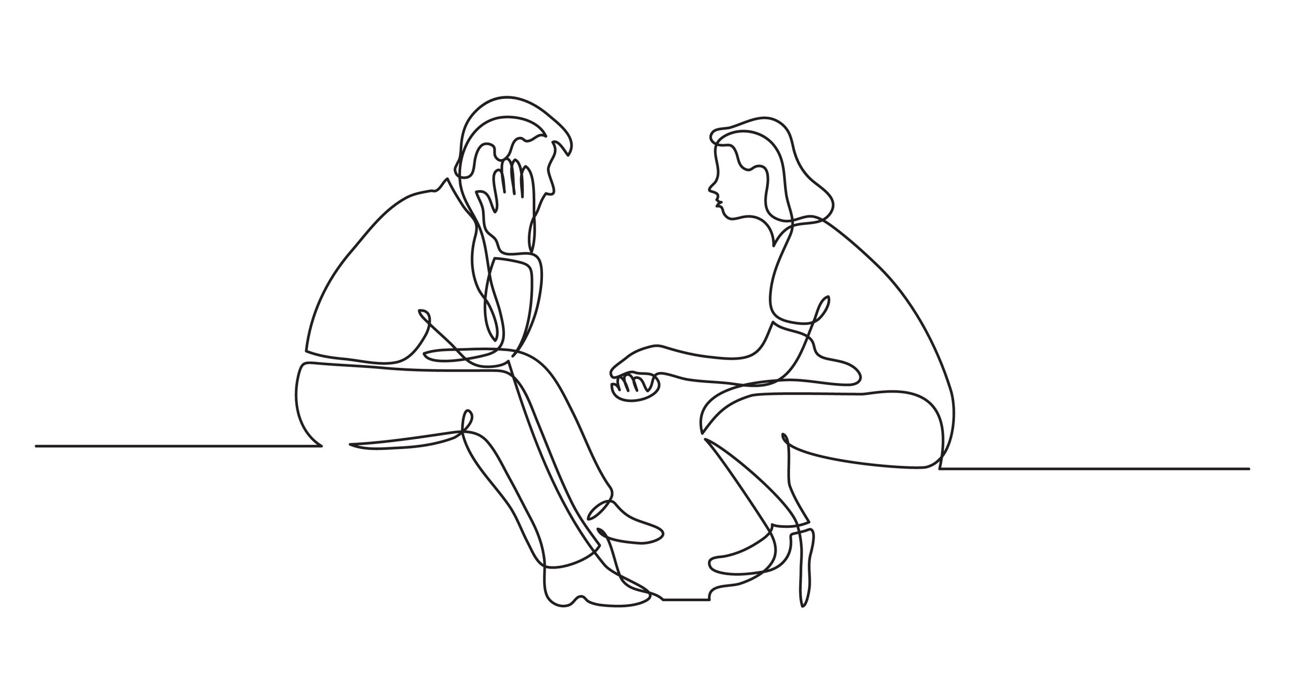 Two figures in a continuous line drawing, sitting closely, engaged in a serious conversation, expressing concern and empathy.