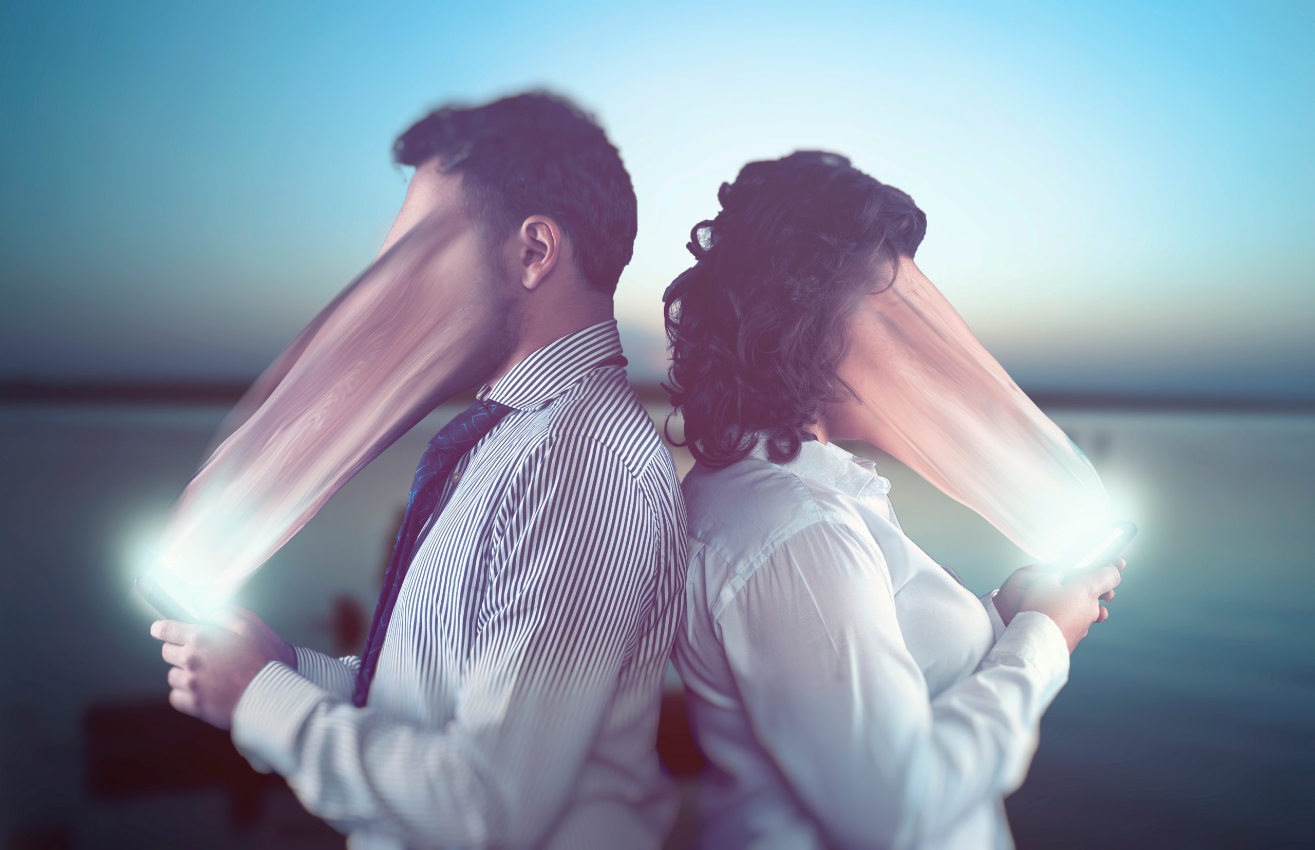 Two figures stand back-to-back, holding glowing phones, with distorted, elongated faces against a serene twilight backdrop.