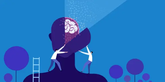 Two figures work together to lift a large brain, revealing a network of connections, against a blue background with trees.