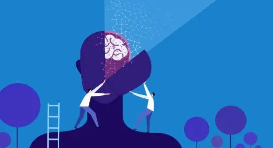 Two figures work together to lift a large brain, revealing a network of connections, against a blue background with trees.