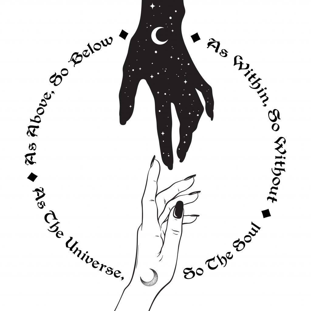 Two hands reaching towards each other, surrounded by celestial motifs and the phrase "As Above, So Below.