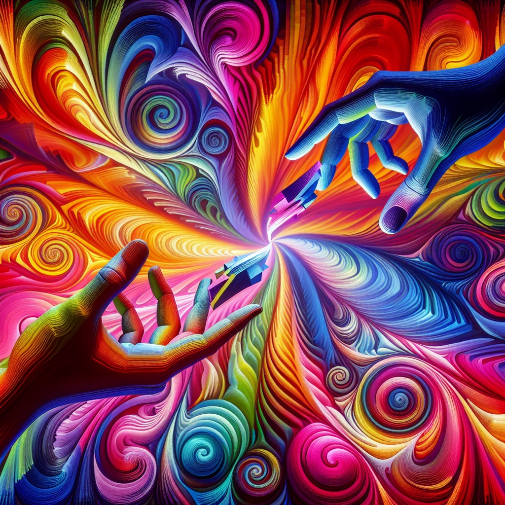 Two hands reaching towards each other, surrounded by vibrant swirling colors and abstract patterns, symbolizing connection.