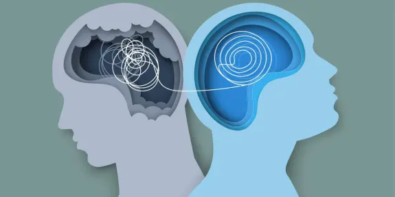 Two human silhouettes facing each other, one with chaotic lines in the brain and the other with a calm, organized design.