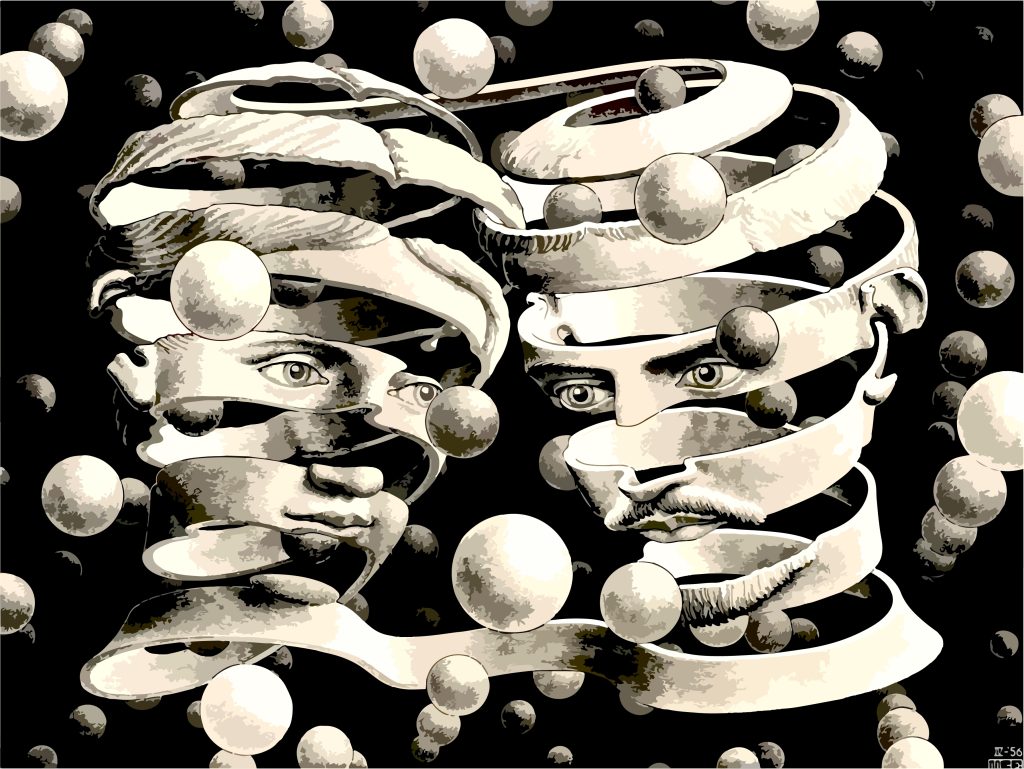 Two intertwined faces surrounded by swirling ribbons and spheres, creating a surreal and abstract composition.