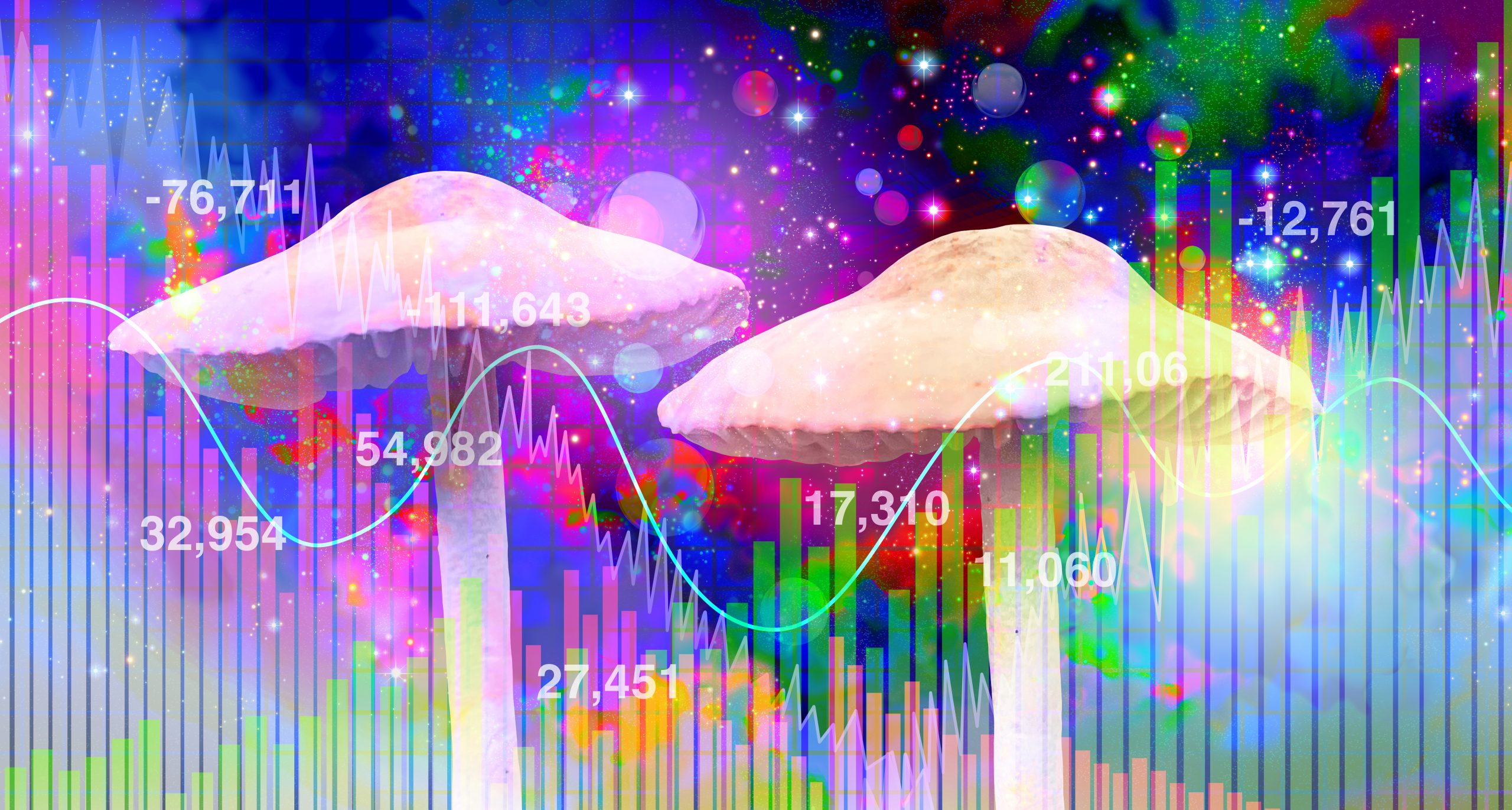 Two large mushrooms against a vibrant, colorful background with abstract graphs and data points.