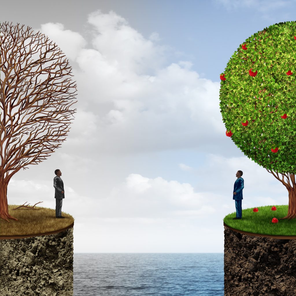 Two men in suits stand on separate landmasses, one beside a barren tree and the other by a lush, fruit-bearing tree.