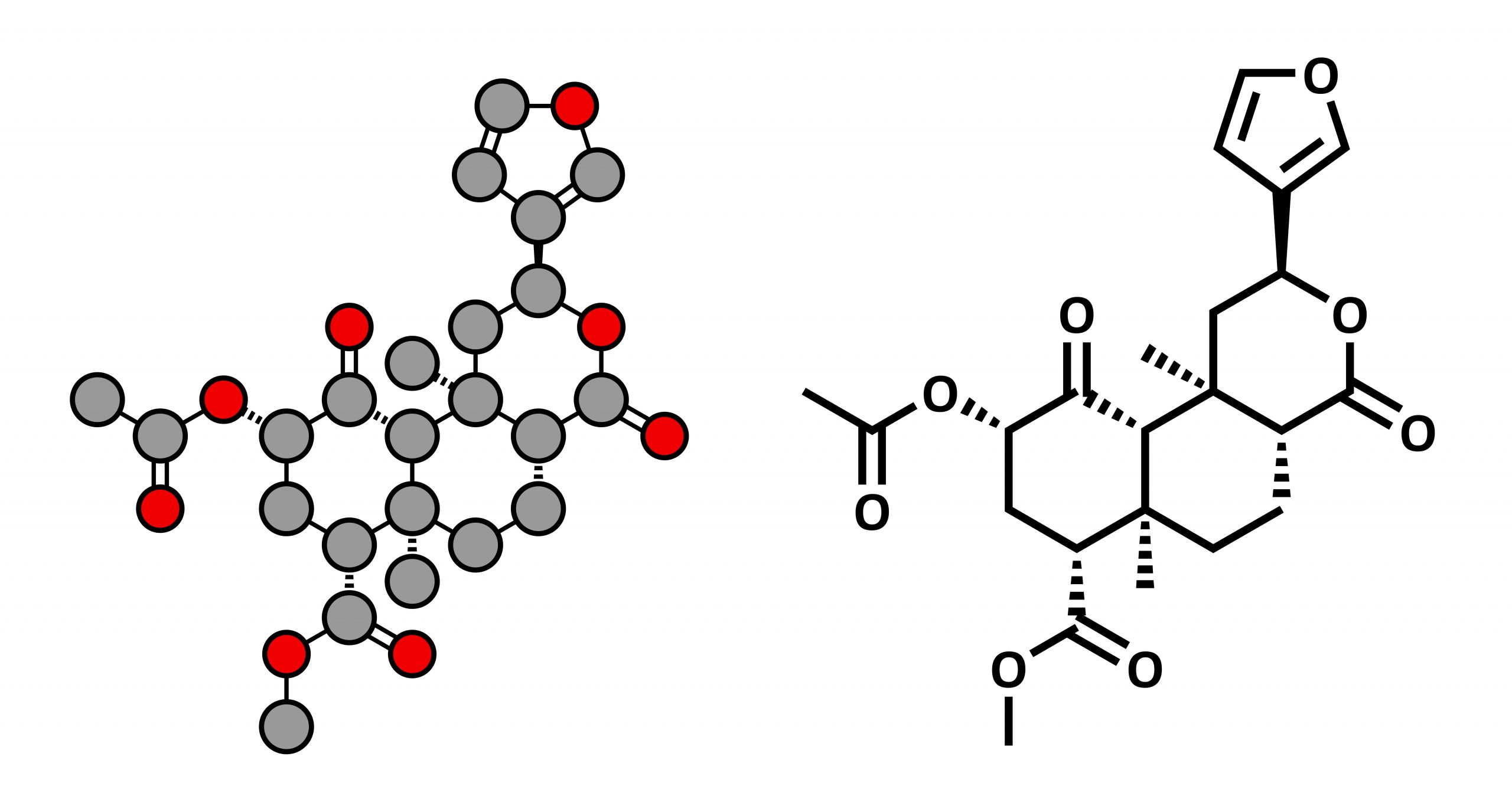 Two molecular structures: one with a complex arrangement of gray and red atoms, the other featuring a simpler black and wh...
