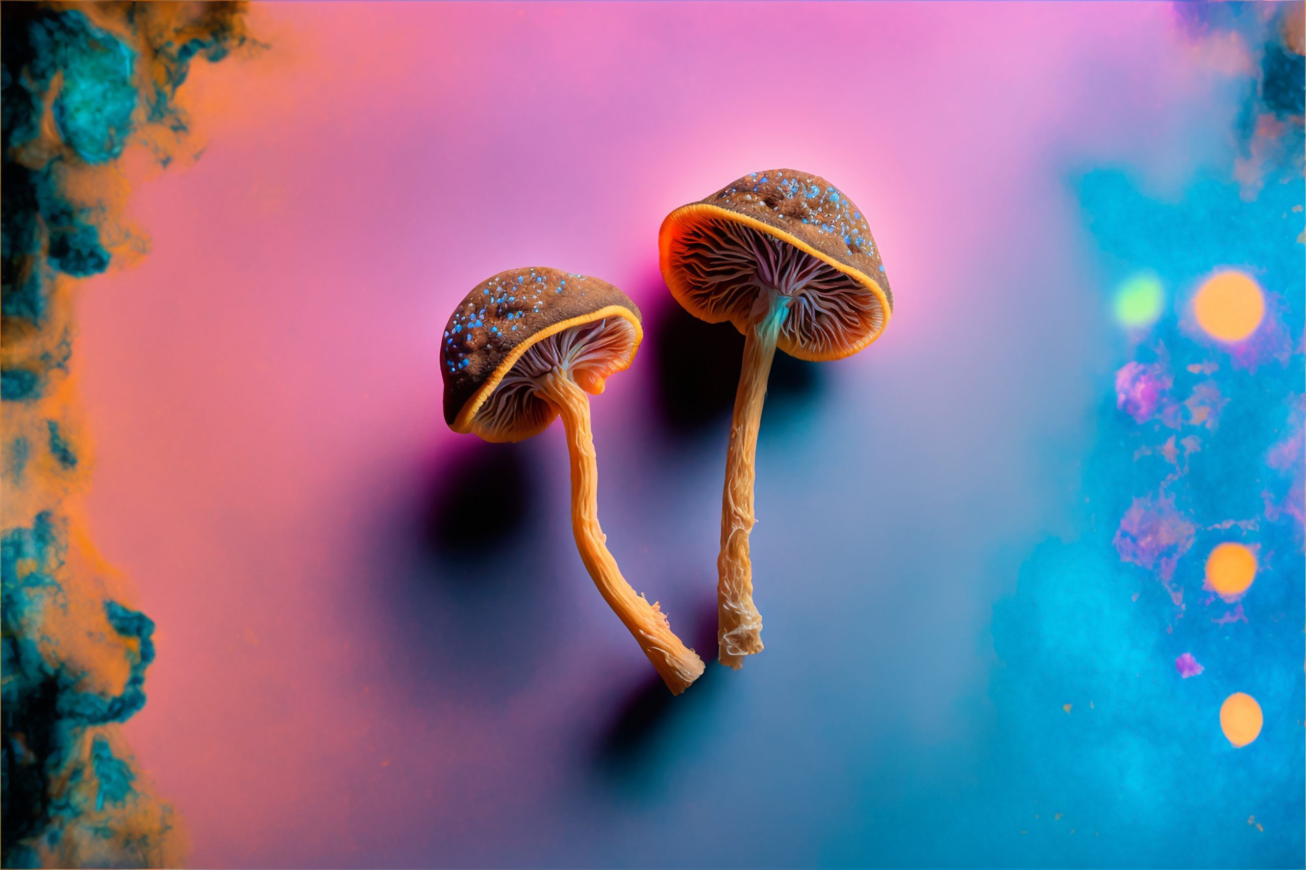Two mushrooms with textured caps and slender stems against a vibrant, colorful background of pink and blue hues.