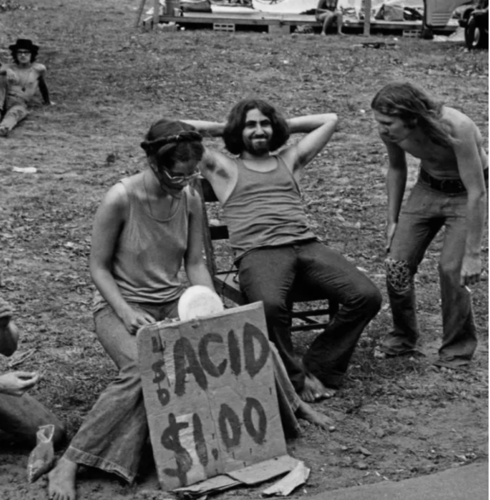Two people sitting on the ground, one holding a sign reading "ACID .00," with others lounging nearby in a grassy area.