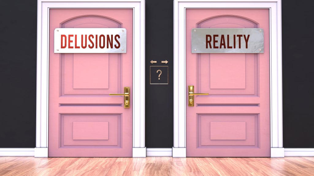 Two pink doors labeled "DELUSIONS" and "REALITY," with a question mark sign between them on a black wall.