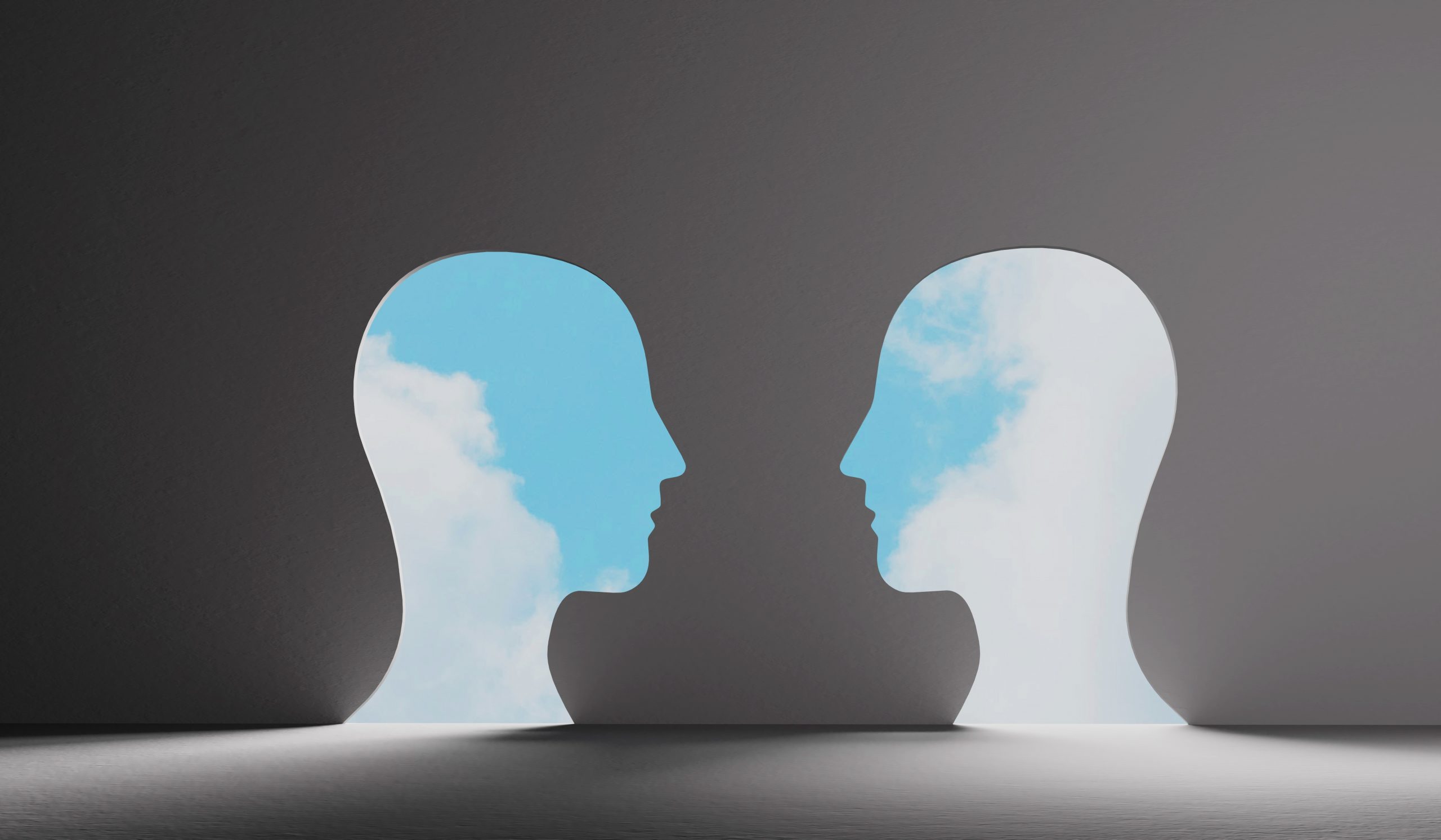 Two silhouette profiles facing each other, filled with a blue sky and clouds, against a gray background.