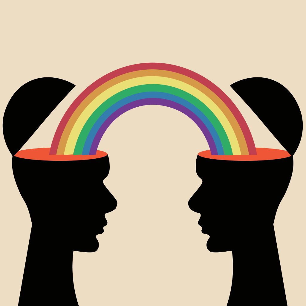 Two silhouetted heads facing each other, with a rainbow arching between their open tops.