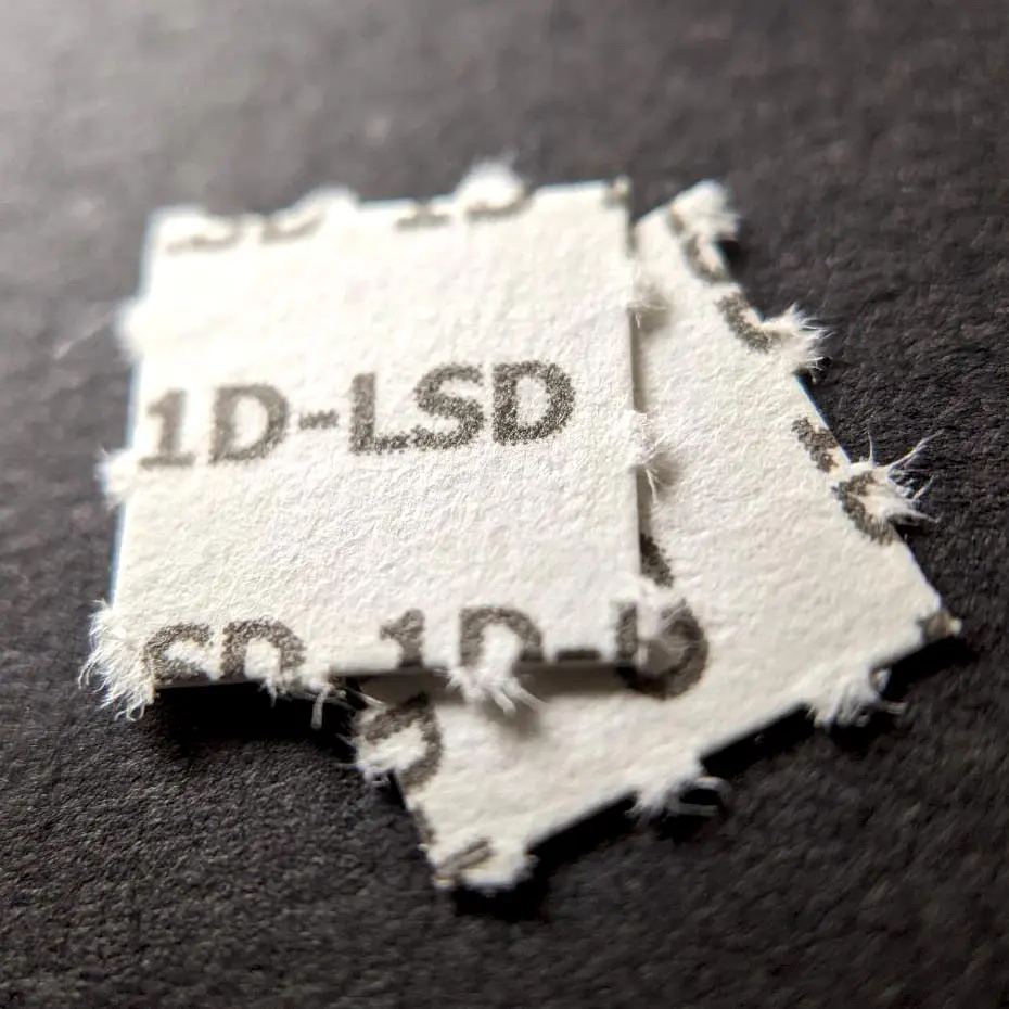 Two small squares of paper, each labeled "1D-LSD," with frayed edges, resting on a dark surface.