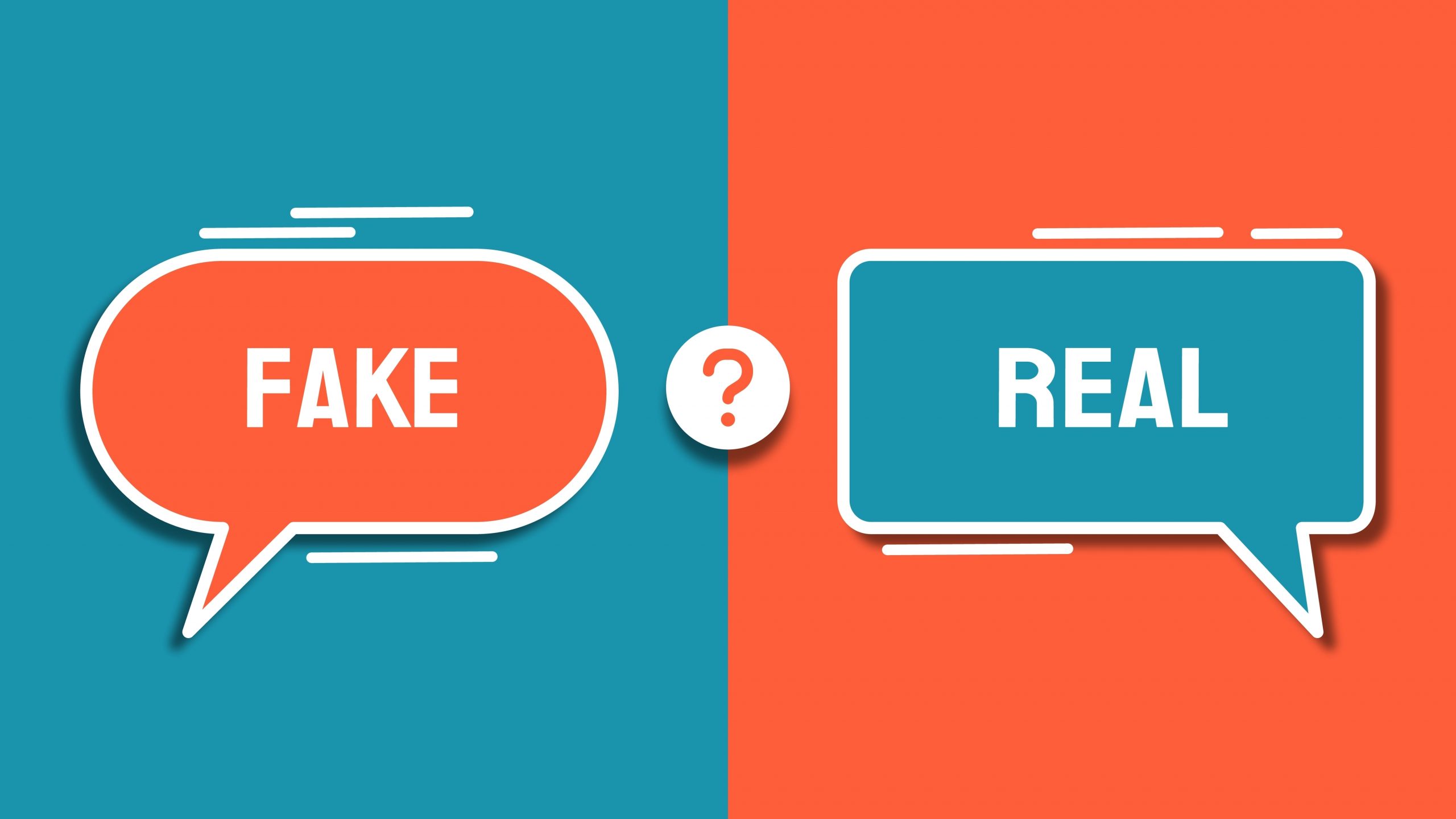 Two speech bubbles, one orange labeled "FAKE" and one teal labeled "REAL," separated by a question mark.