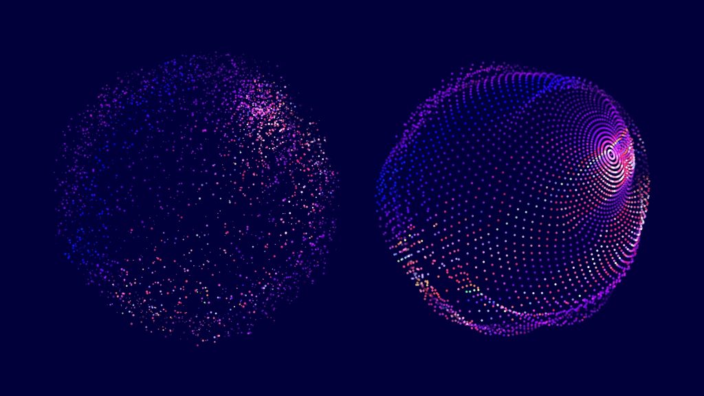 Two spherical forms made of colorful dots, one appearing more clustered and the other with a spiral pattern, against a dar...