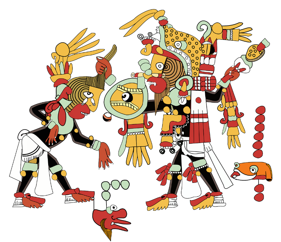 Two stylized figures in vibrant colors, adorned with elaborate headdresses and accessories, engage in a ritualistic scene.