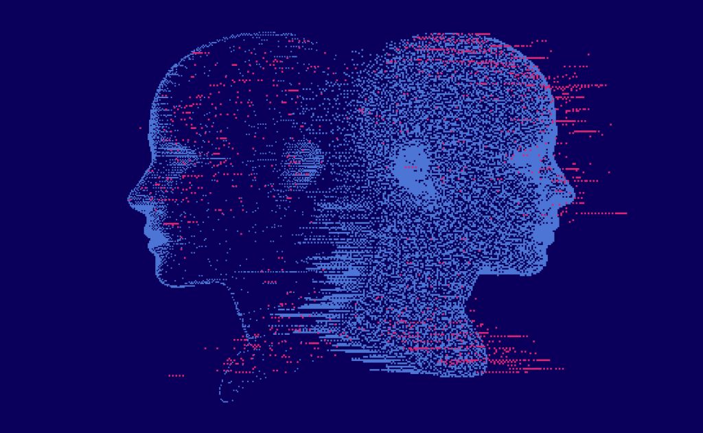 Two stylized human profiles in blue and red, surrounded by a digital, glitch-like pattern on a dark background.