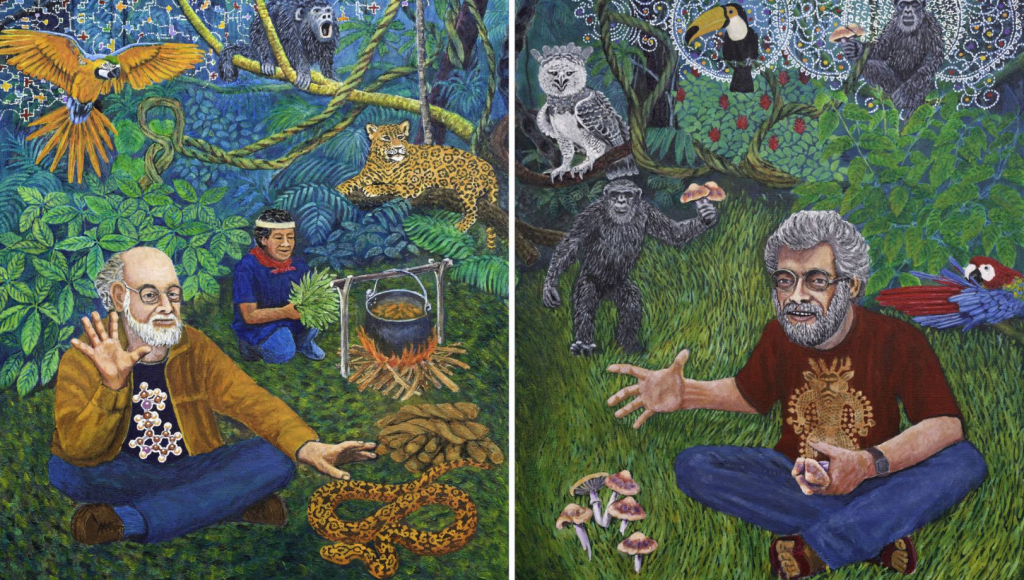 Two vibrant murals depicting men in nature, surrounded by wildlife, plants, and symbols of biodiversity.