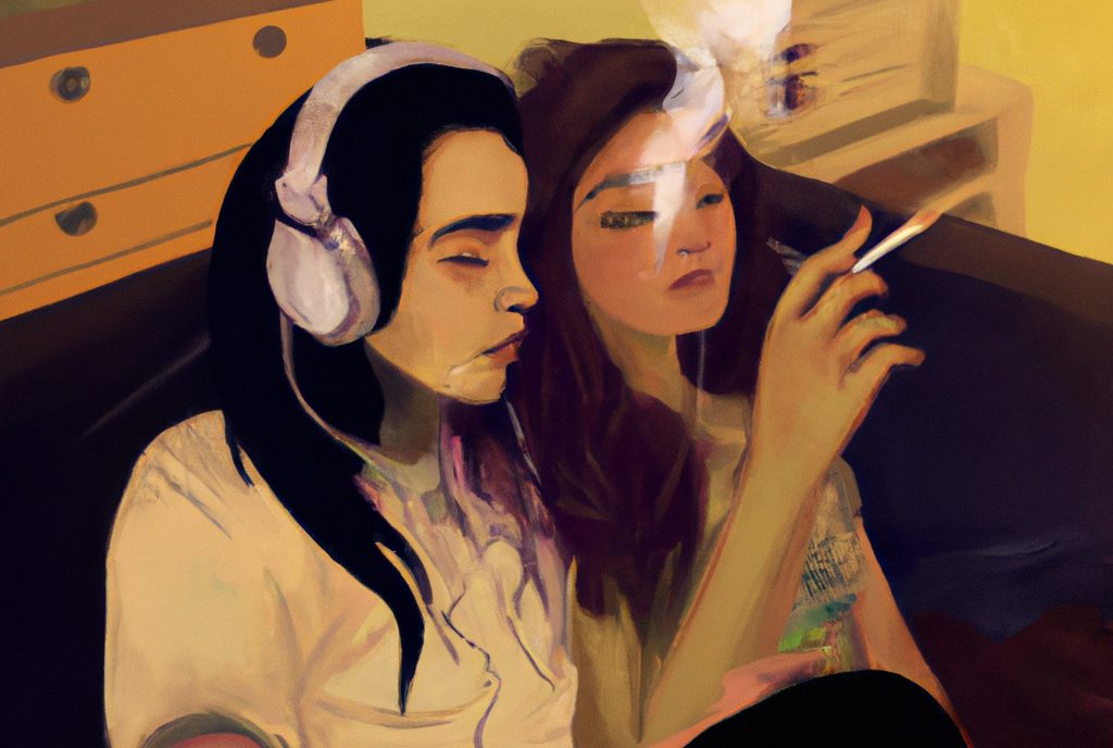 Two young women sit closely together, one wearing headphones, the other smoking, surrounded by a warm, colorful background.