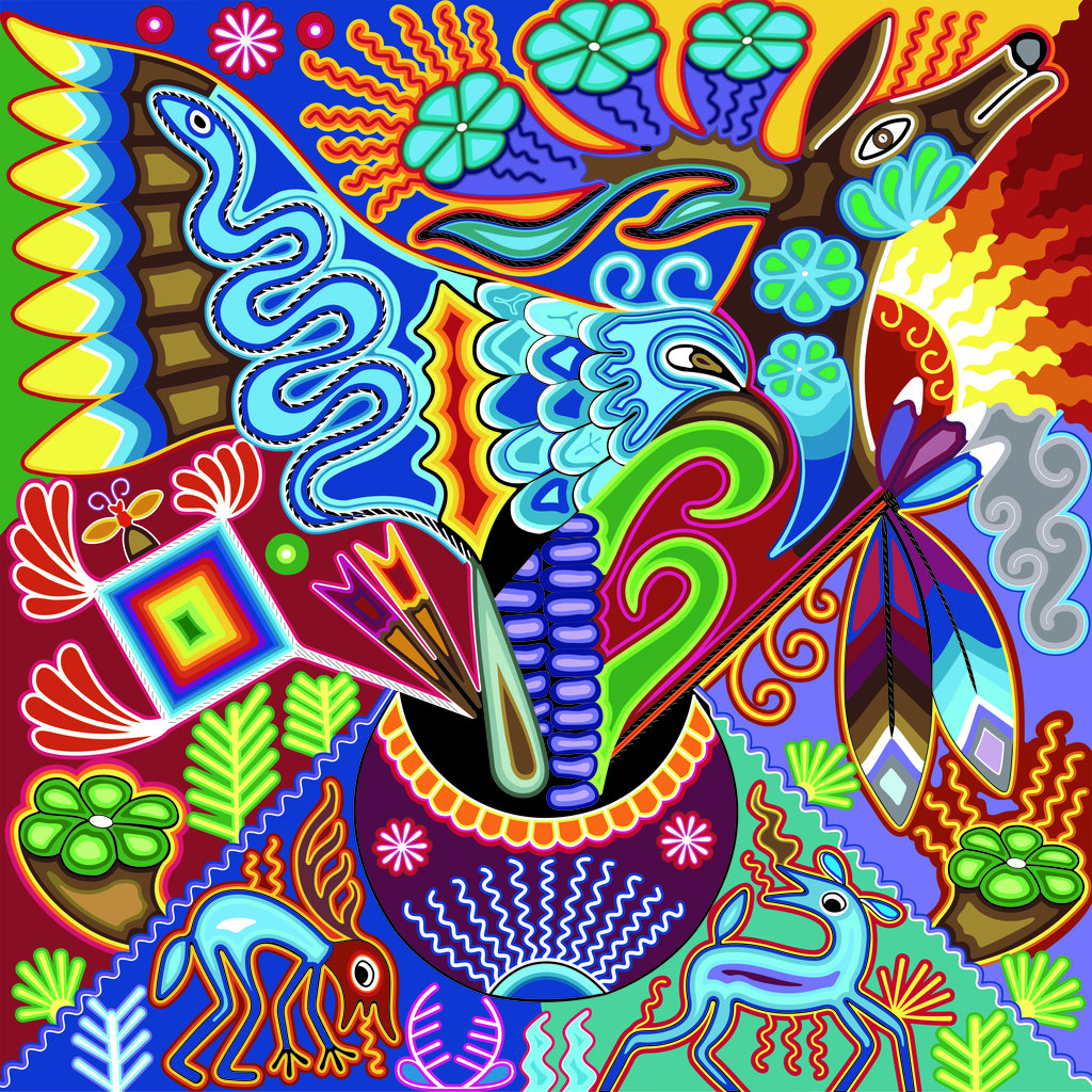 Vibrant abstract artwork featuring colorful animals, plants, and geometric shapes in a lively, intricate design.