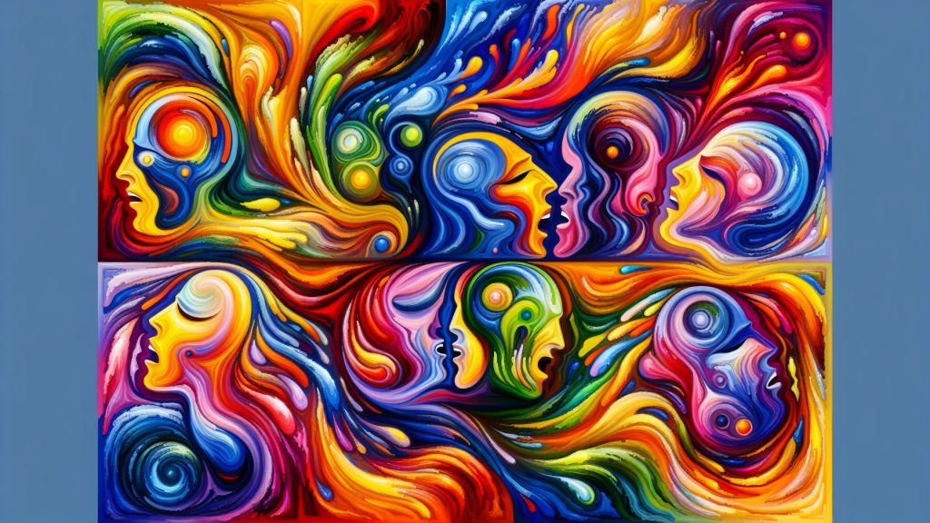 Vibrant abstract artwork featuring swirling colors and stylized human faces, conveying emotion and connection.