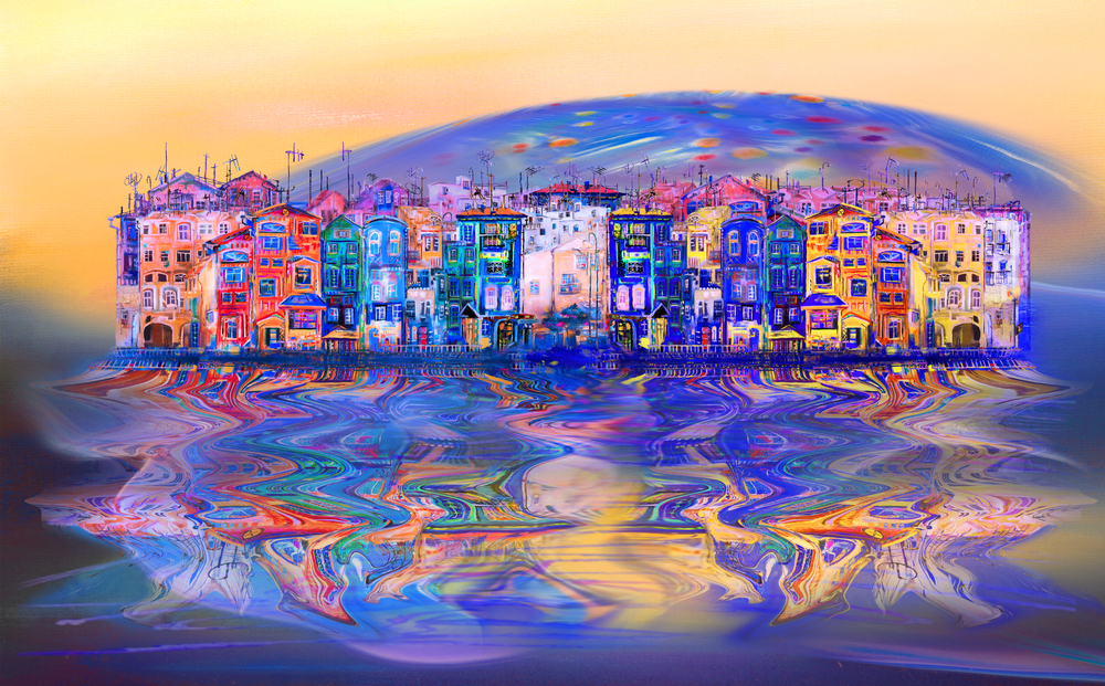 Vibrant, abstract cityscape with colorful buildings reflected in shimmering water under a dreamy, pastel sky.
