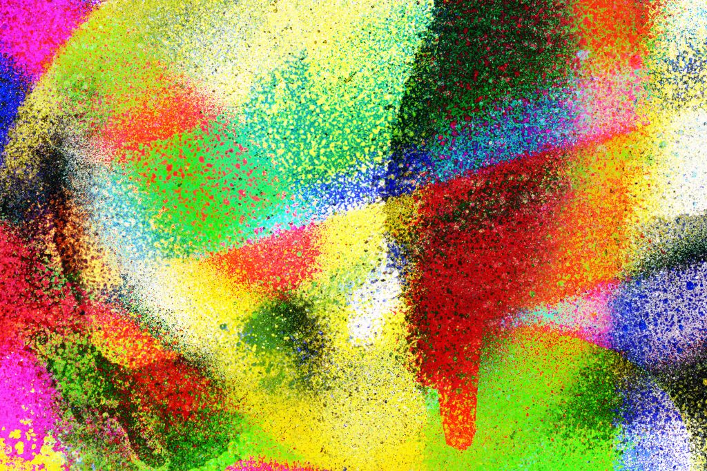 Vibrant abstract composition with splashes of red, green, yellow, and blue, creating a dynamic and colorful visual effect.