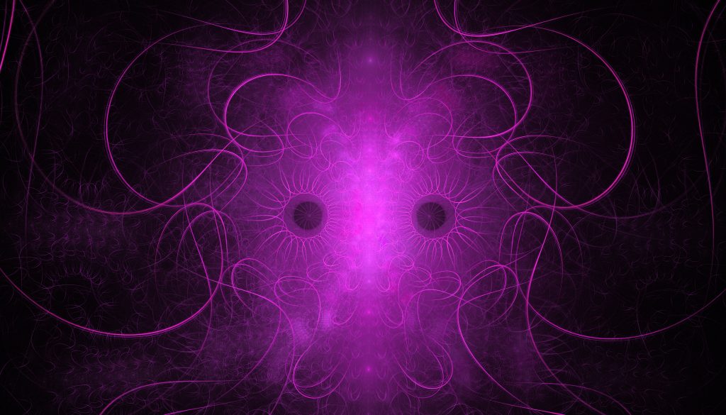 Vibrant abstract design featuring swirling purple lines and a central glowing pink area, creating a mystical effect.