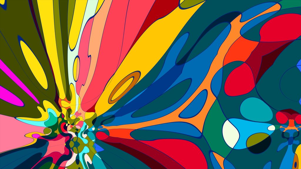 Vibrant abstract design with swirling colors in red, blue, yellow, and green, creating a dynamic, fluid pattern.