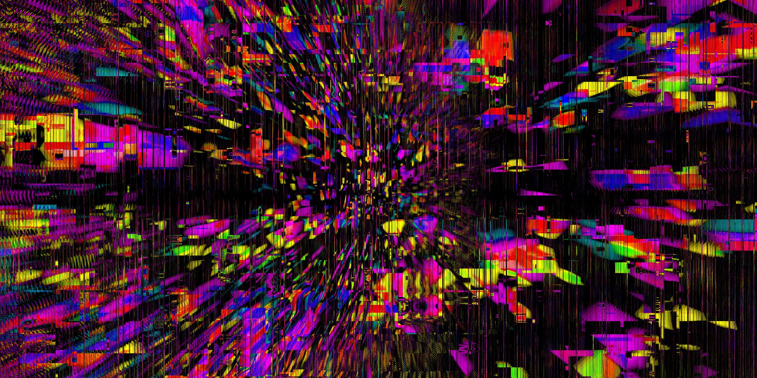 Vibrant abstract digital art with dynamic bursts of color and fragmented patterns against a dark background.