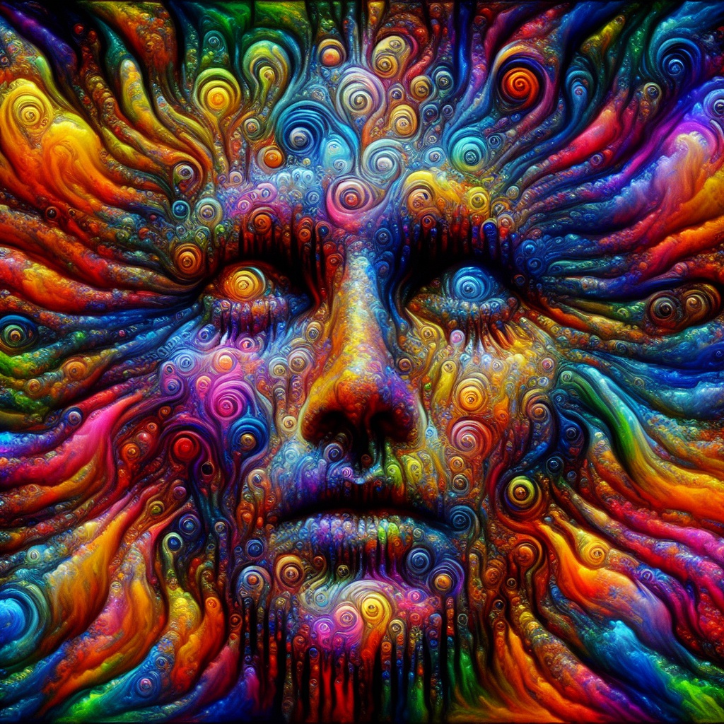 A vibrant, abstract face emerges from swirling colors and patterns, creating a mesmerizing, psychedelic effect.