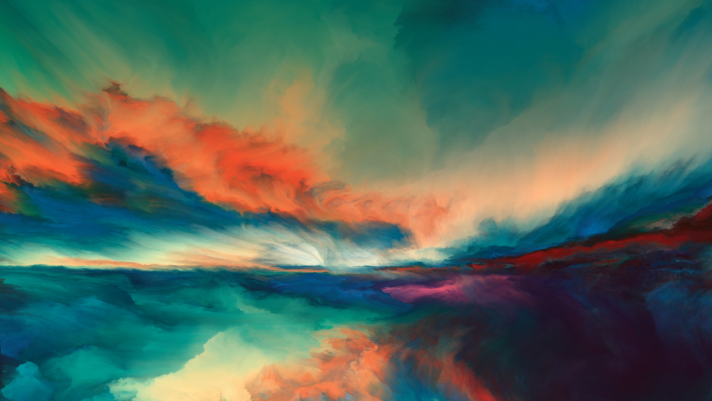 Vibrant abstract landscape with swirling colors of orange, teal, and deep blue, evoking a dramatic sunset over water.