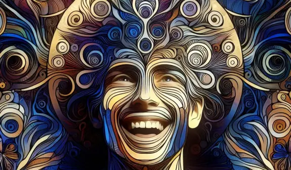 A vibrant, abstract portrait of a smiling person with swirling patterns and colors surrounding their face.