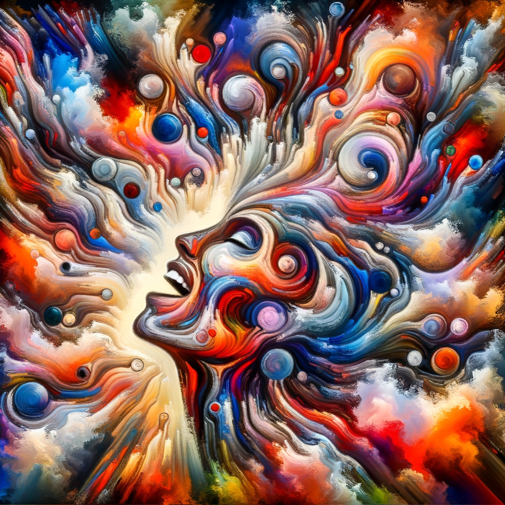 Vibrant abstract portrait of a woman, her face radiating colorful swirls and orbs, symbolizing joy and energy.