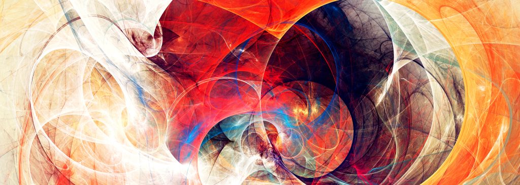 Vibrant abstract swirls of red, orange, and white intertwine with dark, smoky textures, creating a dynamic visual flow.