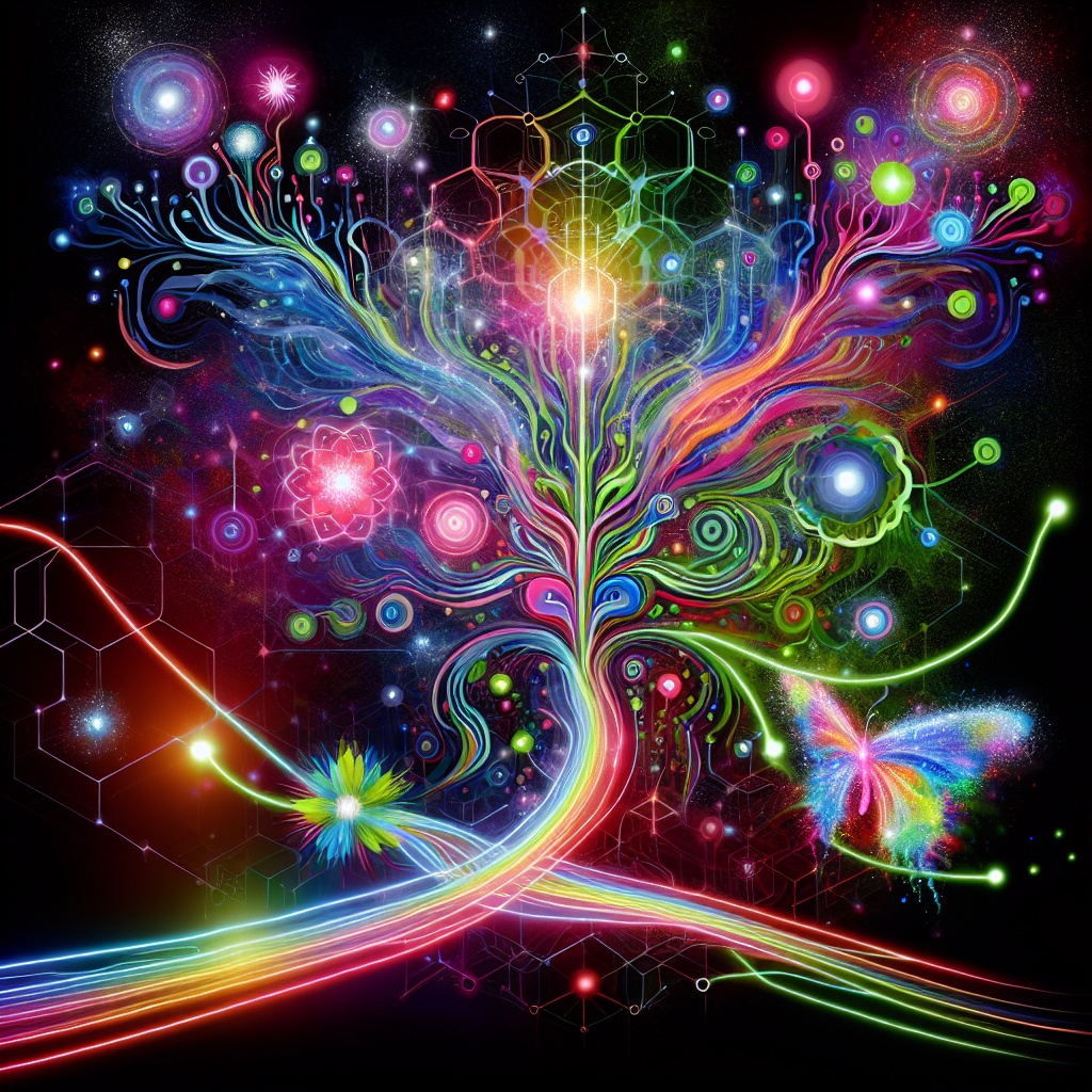 A vibrant, abstract tree with colorful branches, glowing orbs, and a butterfly, set against a dark background.