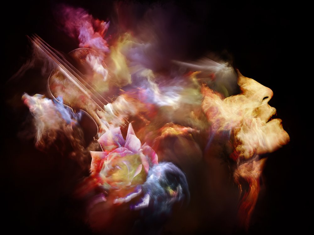 A vibrant blend of colors forms a woman's profile, intertwined with a violin and blooming flowers, evoking emotion and music.