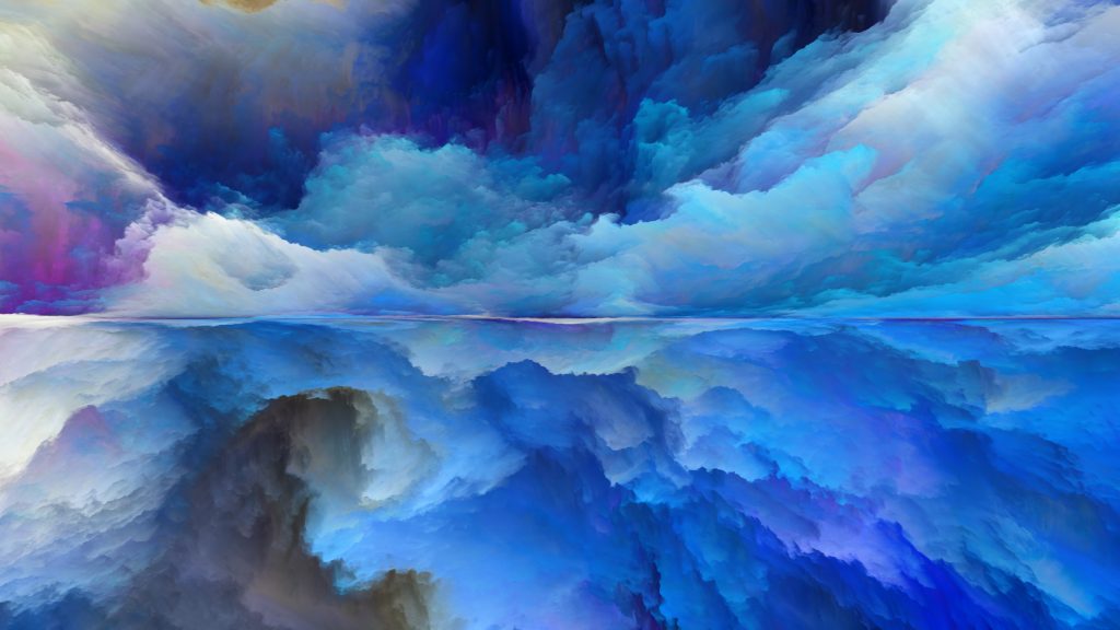 Vibrant blue and purple clouds reflect on a calm surface, creating a serene and dreamlike atmosphere.