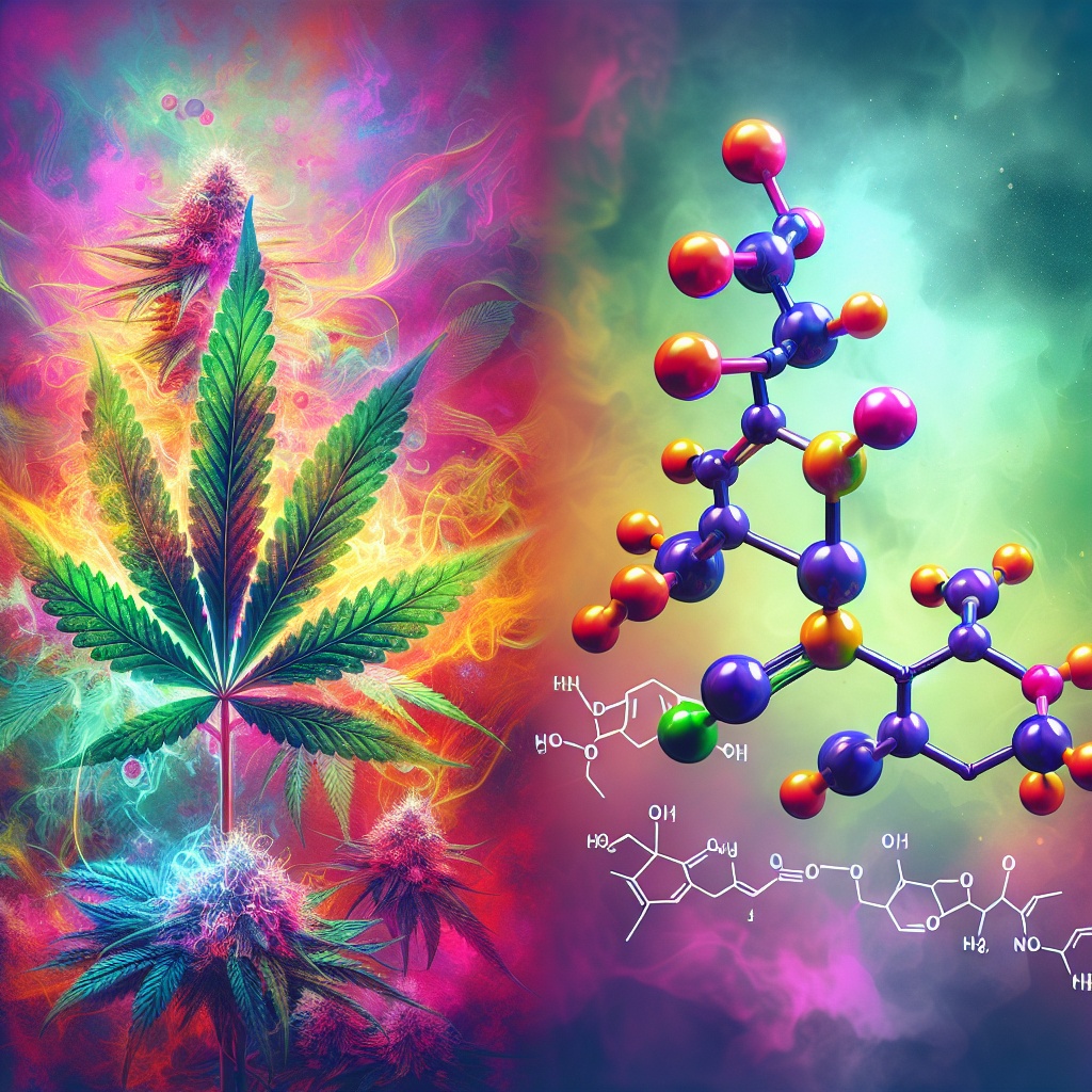 Vibrant cannabis leaf with colorful smoke, alongside a molecular structure representing cannabinoids.