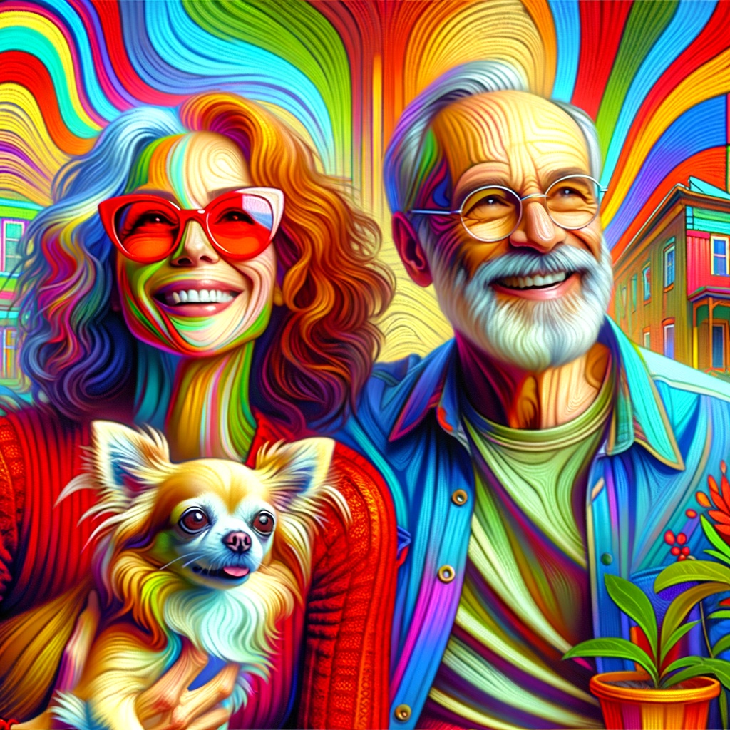 A vibrant, colorful illustration of a smiling couple with glasses, holding a small dog, surrounded by swirling rainbow pat...