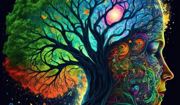 A vibrant, colorful profile of a woman with a tree merging into her hair, symbolizing nature and creativity.