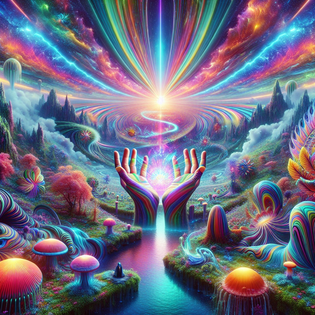 Vibrant cosmic landscape with colorful hands cradling a glowing orb, surrounded by surreal flora and swirling galaxies.