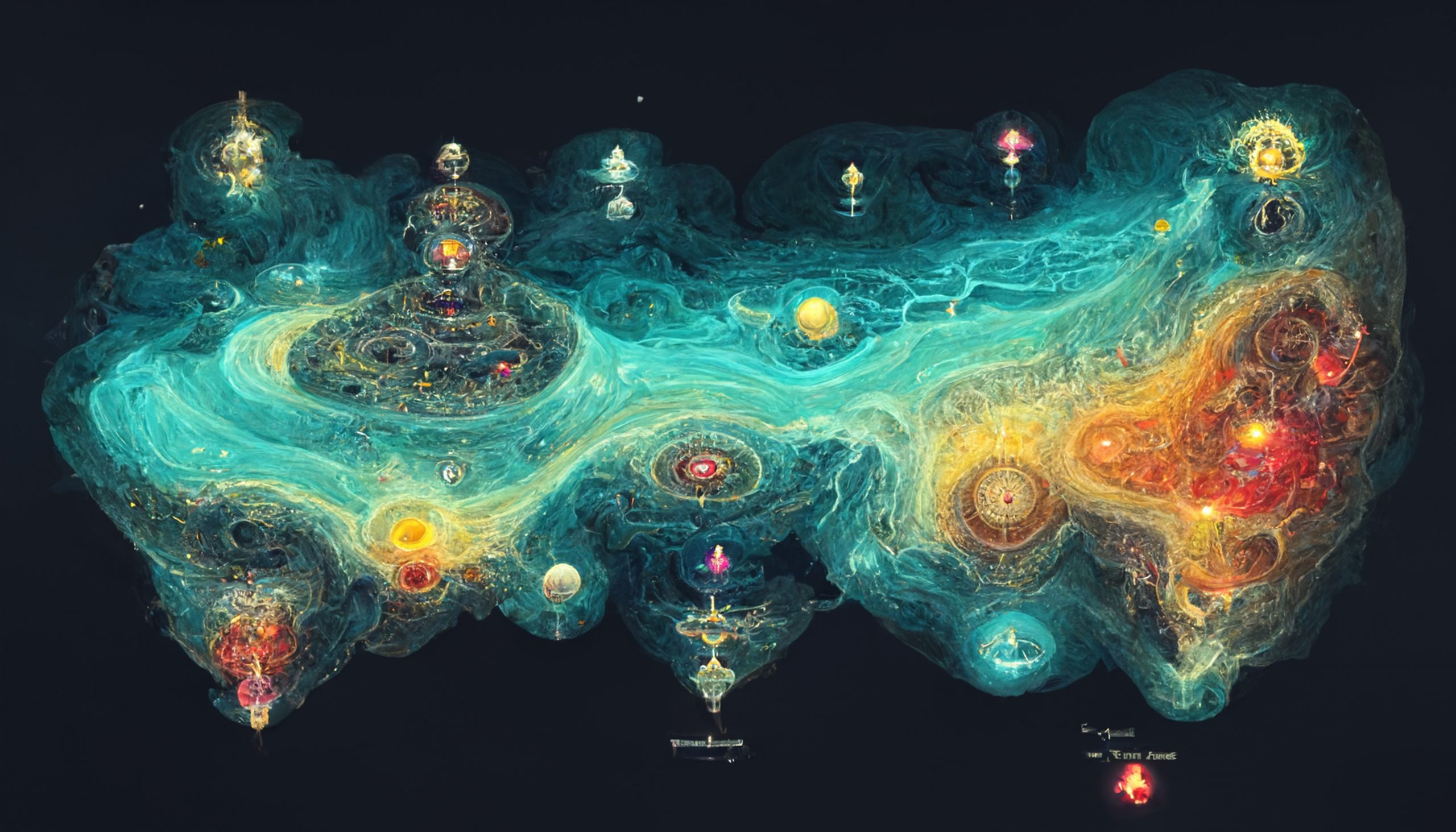 A vibrant cosmic map featuring swirling colors, celestial bodies, and intricate patterns representing various realms.