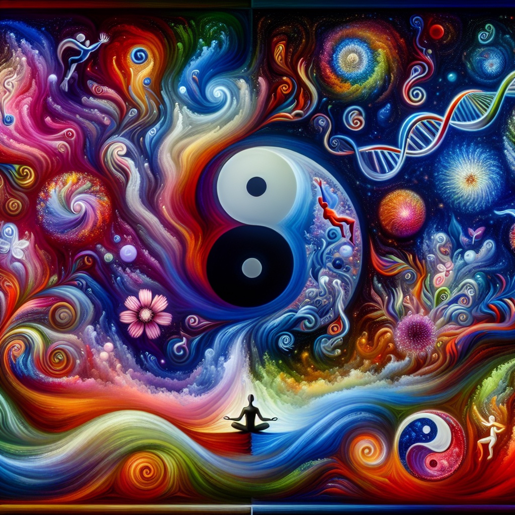 Vibrant cosmic scene featuring a yin-yang symbol, swirling colors, DNA strands, and meditating figures amidst celestial el...