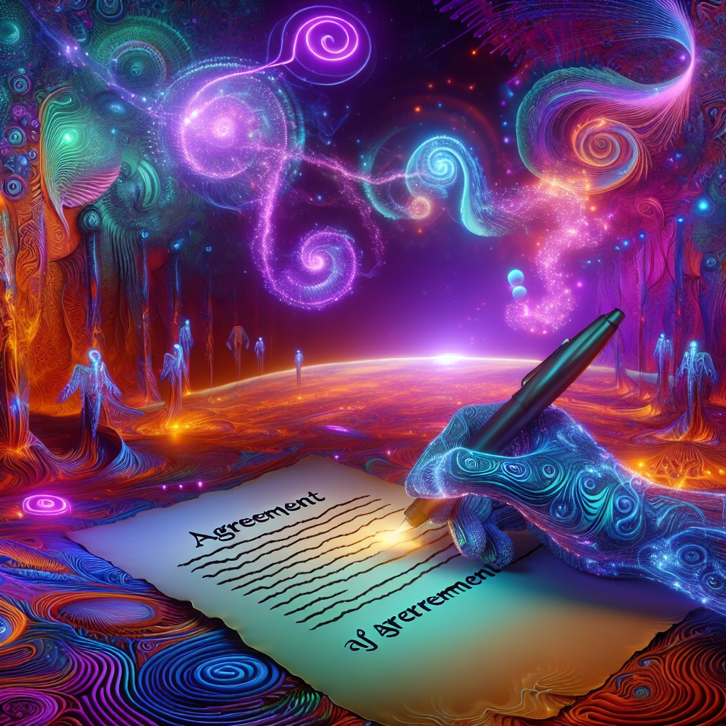 A vibrant cosmic scene with a glowing hand writing an agreement on parchment, surrounded by swirling colors and ethereal f...