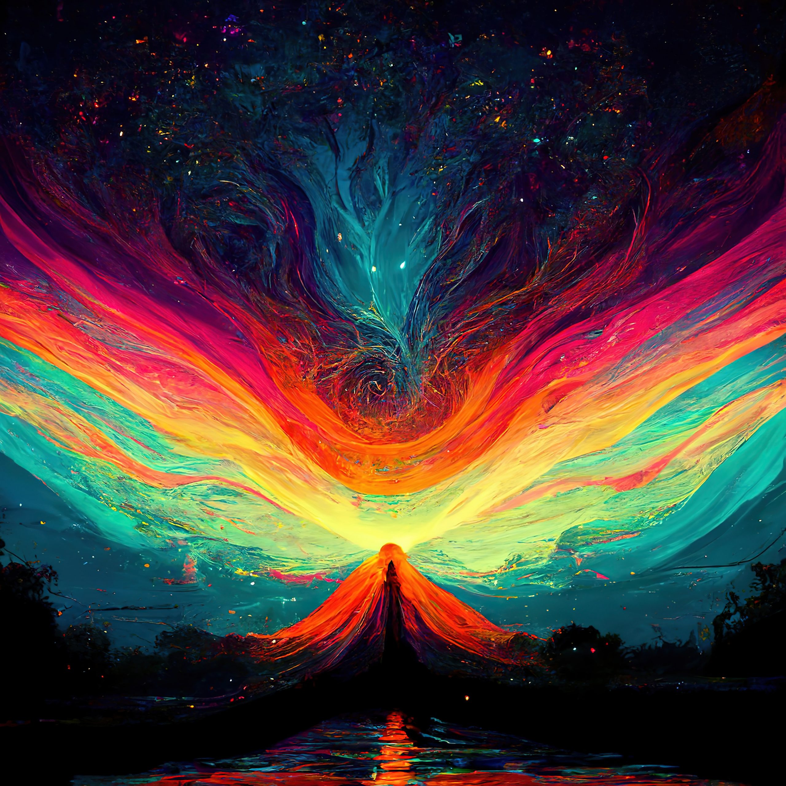 A vibrant cosmic scene with swirling colors and a silhouette of a figure against a starry sky and reflective water.